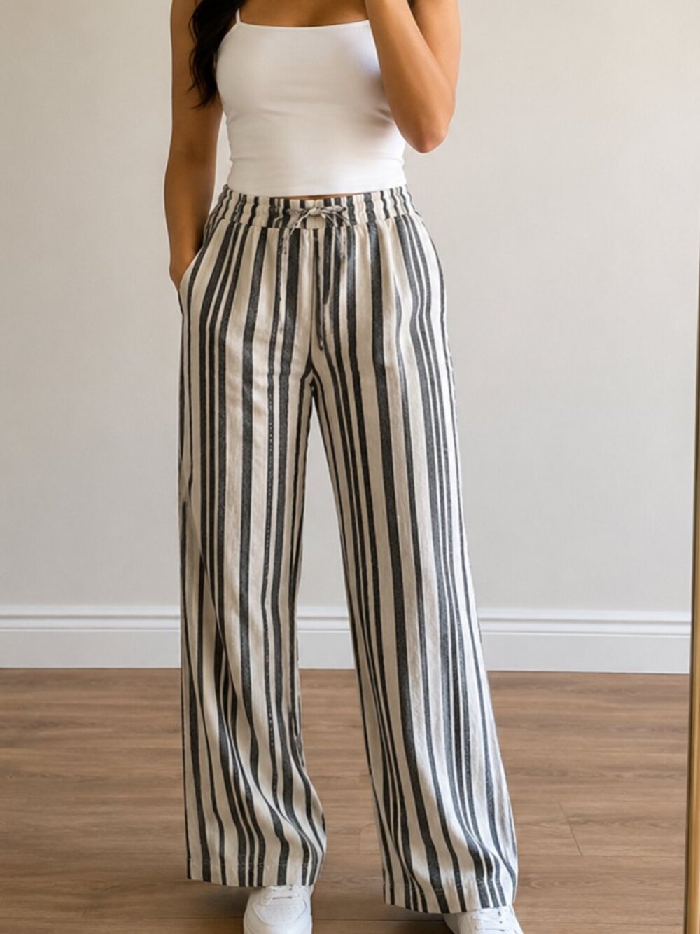Linen Blend Striped Wide Leg Pants Women SZ M Black White Pull On Beach Coastal